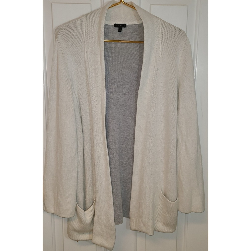 Talbots Ivory Gray Open-Knit Cardigan Sweater S Cashmere Blend TwoTone Academic